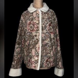 Vintage Coldwater Creek Floral Teddy Jacket Faux Fur Cuffs - Floral and White